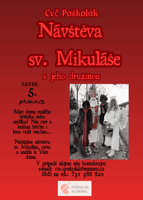 Návštěva sv. Mikuláše s družinou, tradiční vánoční akce, fotografie v zimním prostředí.